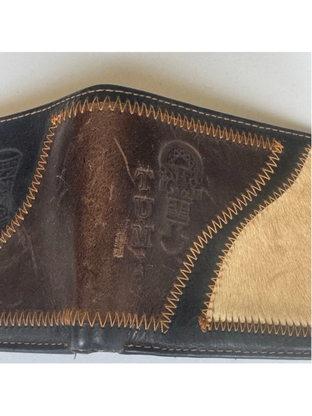 Tumi Leather Hair-On-Hide Bifold Wallet Brown Patchwork Southwestern Coin Zip